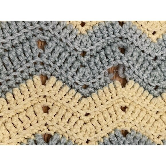 Vintage Afghan Blanket Crochet Blue Yellow/Cream Small Throw Baby Handmade Retro - Picture 6 of 9